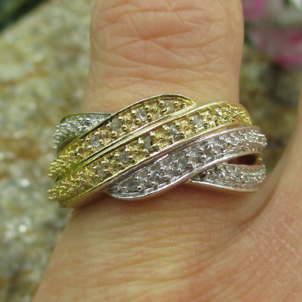 Vintage Size 6 Sterling Two Tone Diamond Ring